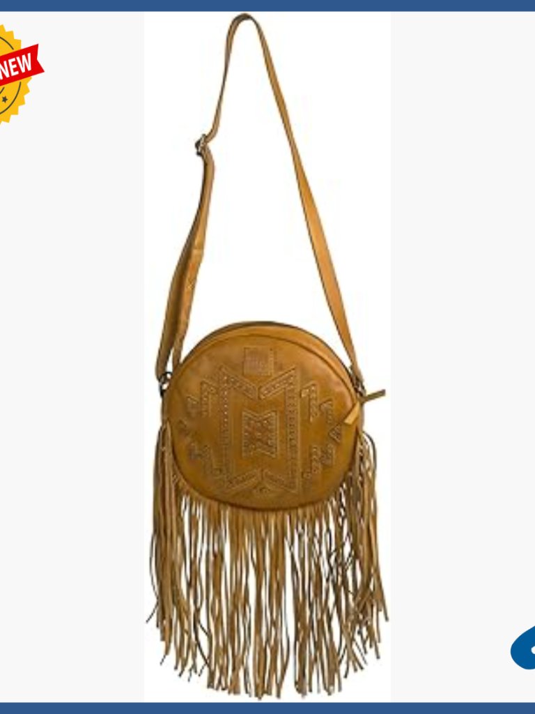 Full Grain Leather Crossbody Bag With Fringe, 8x8x4 Inches, Boho Style